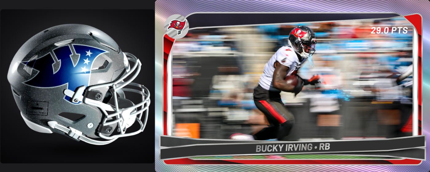 A custom team helmet beside a Bucky Irving trading card